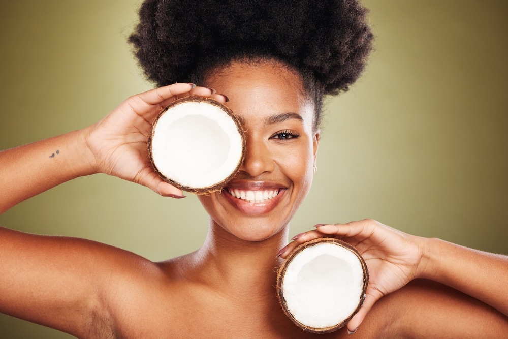 Skincare,,Beauty,And,Portrait,Of,Model,With,Coconut,For,Glowing